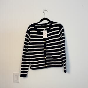 Automet Women's Navy/White Striped Crew Neck Button Knit Cardigan Sweater S